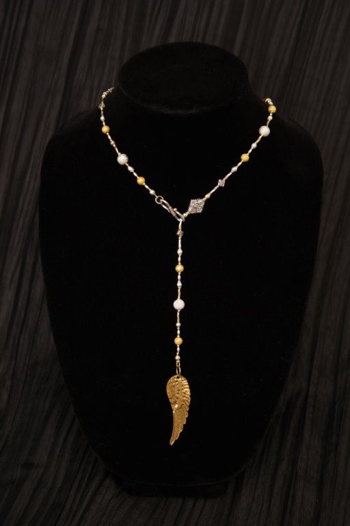 Silver and Brass Tone Long Gold Wing Necklace Secondary - Illinois Domestic Abuse Shop - Angel Jewelry
